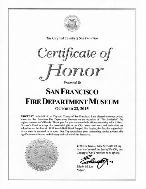 Mayor Lee's Certificate of Honor